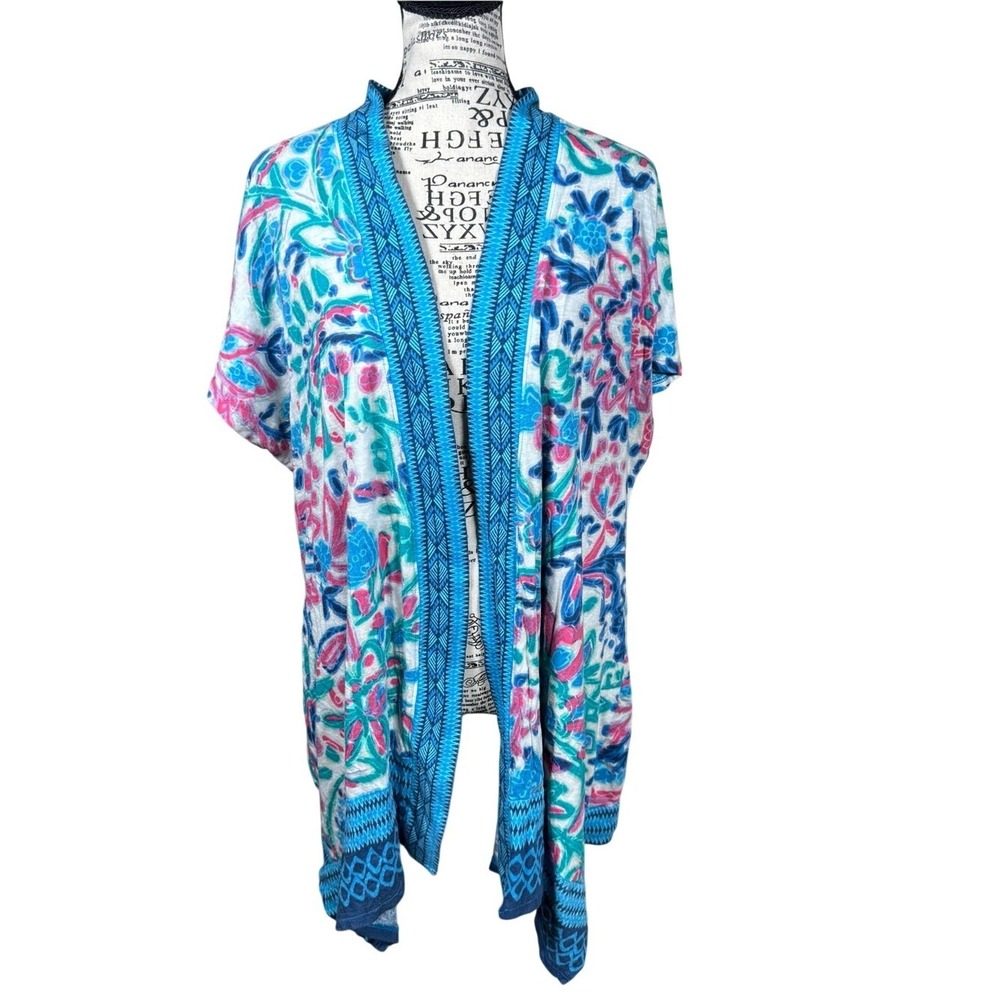 Lane Bryant Blue White Pink Floral Open-Front Cardigan